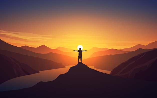 Voyageur debout au bord de la falaise au coucher du soleil