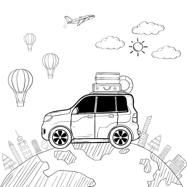 Voyageur de dessin animé de voiture Doodle Hand Draw avec fumée et atout voyage autour du concept