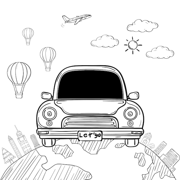 Voyageur de dessin animé de voiture Doodle Hand Draw avec fumée et atout voyage autour du concept