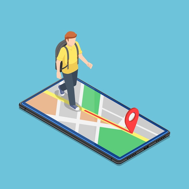 Le Voyageur Isométrique Plat 3d Utilise L'application De Carte Sur Le Smartphone Pour Atteindre La Destination. Concept De Système De Navigation Gps Mobile.