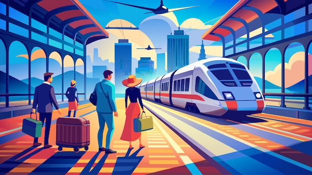 Vecteur des voyageurs avec des bagages sur le quai de la gare illustration vectorielle du paysage urbain moderne