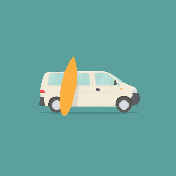 Voyagez en camping-car. Camping-car blanc avec planche de surf jaune