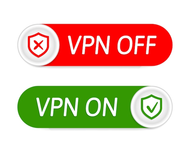 Vecteur vpn sur les icônes de désactivation boutons rouges et verts connectez-vous et déconnecterz-vous réseau privé virtuel sécurisé