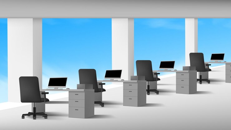 Vecteur vue 3d de l'intérieur du bureau blanc avec des ordinateurs