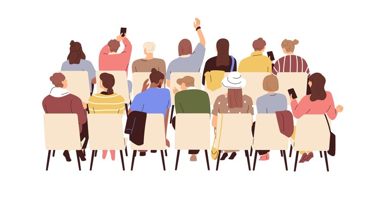 Vecteur vue arrière du public. derrière un groupe de personnes assis sur des chaises lors d'un séminaire, d'une formation. auditorium prenant une photo avec un téléphone, levant la main lors d'un événement public. illustration vectorielle plane isolée sur fond blanc.