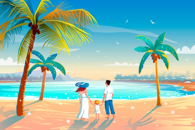 Vue arrière d'une famille heureuse sur la plage tropicale vacances d'été Père mère et enfant contre la mer bleue