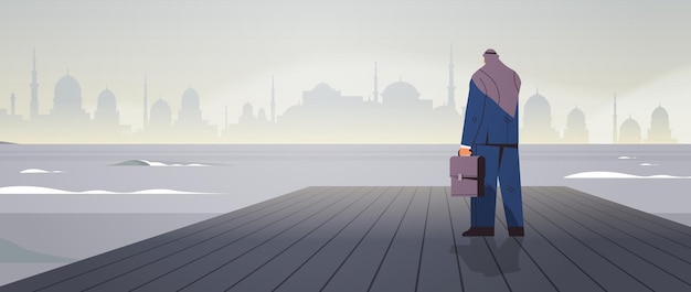 Vecteur vue arrière homme d'affaires arabe debout sur une jetée en bois et regardant vers les affaires en mer et défiant la faillite de crise