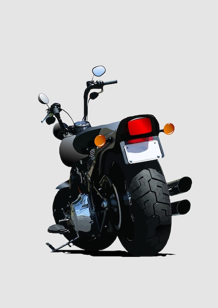 Vue arrière d'une moto noire brillante avec des détails en chrome garée sur un fond blanc plat