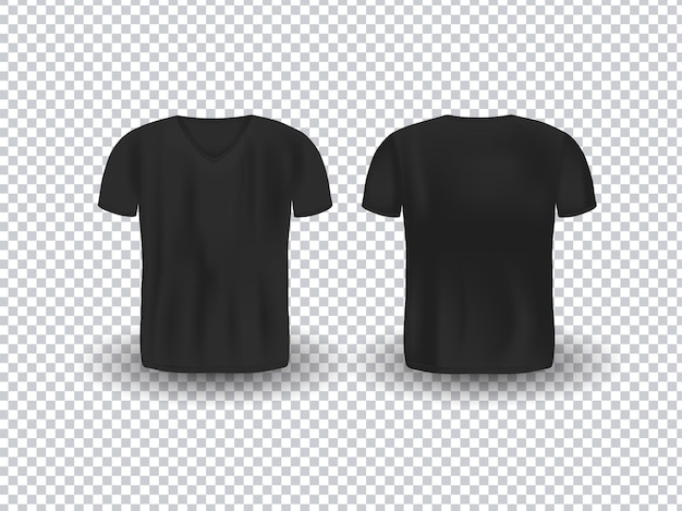 Vecteur vue avant et arrière de la maquette de t-shirt réaliste à col en v sur fond transparent.