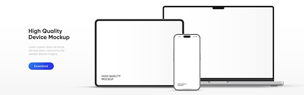 Vue avant d'un modèle d'ordinateur portable moderne et modèle de smartphone et de tablette de haute qualité isolé sur un dos blanc