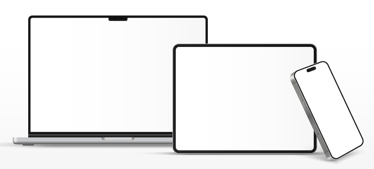 Vecteur vue avant d'un modèle d'ordinateur portable moderne et modèle de smartphone et de tablette de haute qualité isolé sur un dos blanc