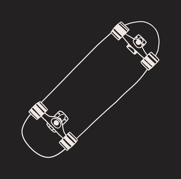 Vue classique du skateboard depuis le bas Dessin de contour monochrome sur fond noir