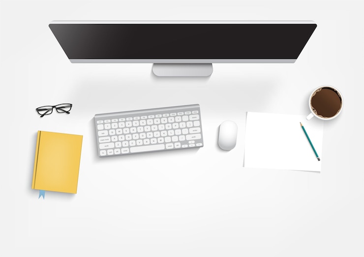 Vecteur vue de dessus du fond du lieu de travail, moniteur, clavier, ordinateur portable, téléphone, documents, planificateur, café. espace de travail, analytique, optimisation, gestion.