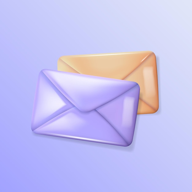 Vue de dessus du rendu 3d lettres fermées violettes et orange brillantes Enveloppes brillantes de dessin animé