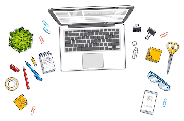 Vue de dessus de l'espace de travail de bureau avec ordinateur portable et divers objets de papeterie pour le travail isolé, vue aérienne. Tous les éléments faciles à utiliser séparément ou recomposer l'illustration. Vecteur.