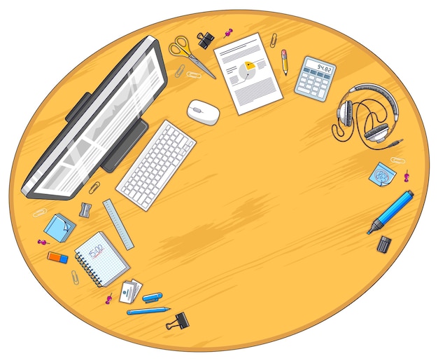 Vue de dessus de l'espace de travail du bureau en bois avec ordinateur PC et beaucoup d'objets de papeterie différents sur la table avec espace de copie. Tous les éléments sont faciles à utiliser séparément ou à recomposer l'illustration. Vecteur.