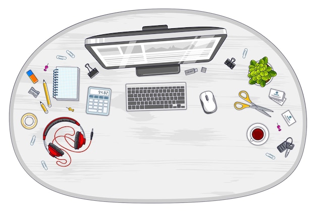 Vue de dessus de l'espace de travail du bureau avec ordinateur PC et beaucoup d'objets de papeterie différents sur table avec espace de copie pour le texte. Tous les éléments sont faciles à utiliser séparément ou à recomposer l'illustration. Vecteur.