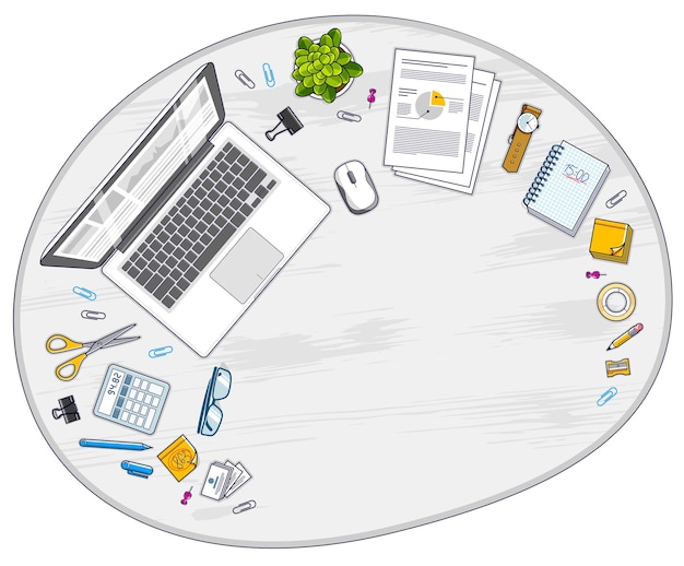 Vue de dessus de l'espace de travail du bureau avec ordinateur portable et beaucoup d'objets de papeterie différents sur la table avec espace de copie pour le texte. Tous les éléments sont faciles à utiliser séparément ou à recomposer l'illustration. Vecteur.