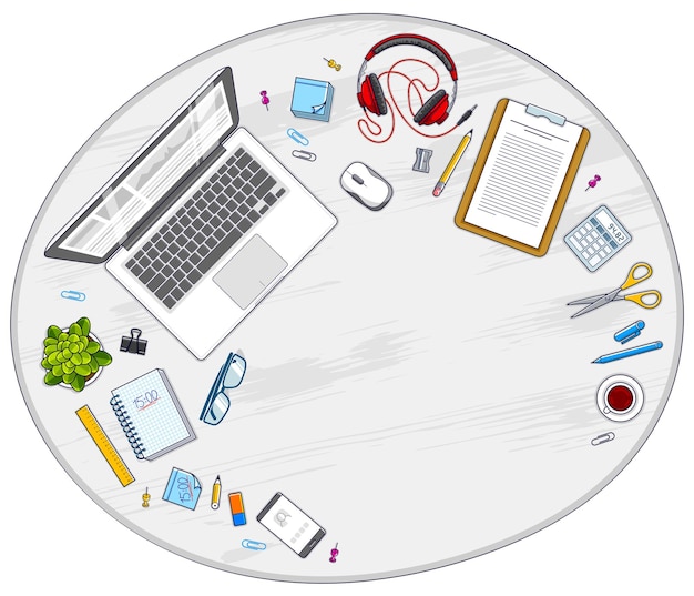Vue de dessus de l'espace de travail du bureau avec ordinateur portable et beaucoup d'objets de papeterie différents sur la table avec espace de copie pour le texte. Tous les éléments sont faciles à utiliser séparément ou à recomposer l'illustration. Vecteur.