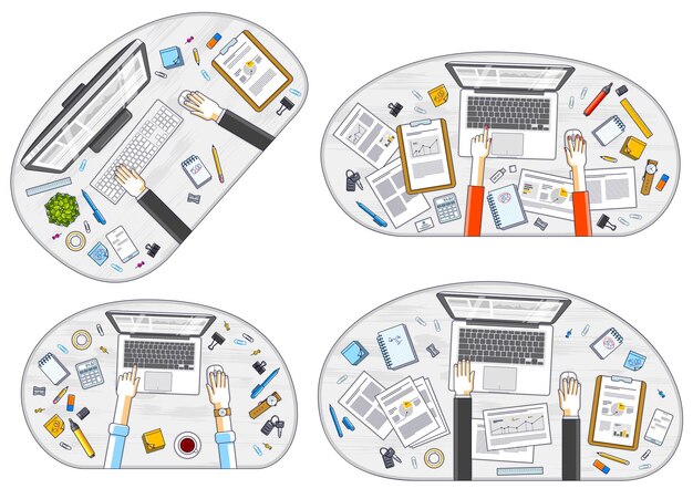 Vecteur vue de dessus des espaces de travail des bureaux avec les mains des employés de bureau ou des entrepreneurs, des ordinateurs pc et de nombreux objets de papeterie différents sur les tables. tous les éléments sont faciles à utiliser séparément. ensemble vectoriel.