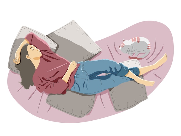 Vecteur vue de dessus d'une femme souriante se détendre dormir sur un canapé à la maison