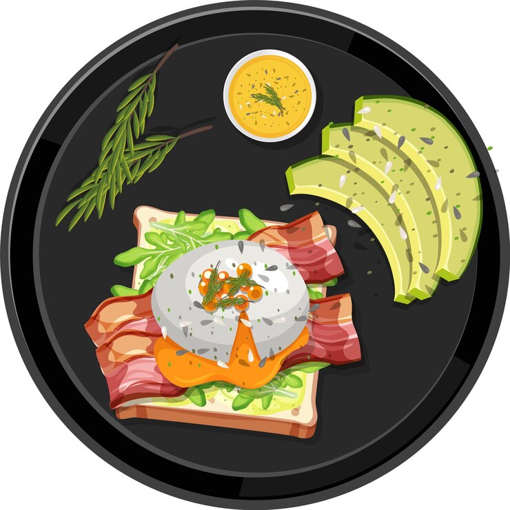 Vecteur vue de dessus oeuf benedict alimentaire avec plaque noire sur fond blanc