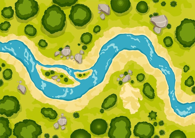 Vue de dessus paysage fluvial Été belle vallée pittoresque ruisseau naturel pittoresque Rivière avec des arbres sur le rivage Paysage avec rivière sinueuse Illustration vectorielle