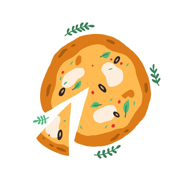 Vue De Dessus D'une Pizza Italienne Entière Avec Un Morceau De Triangle Tranché. Nourriture Végétarienne Avec Fromage Mozzarella, Olives Et Légumes Verts. Illustration Vectorielle Plane Colorée Isolée Sur Fond Blanc.