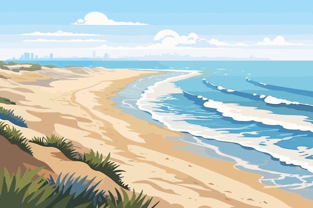 Vecteur vue de dessus de la plage de l'océan avec des vagues douces paysage d'été paysage plat illustration d'art vectoriel