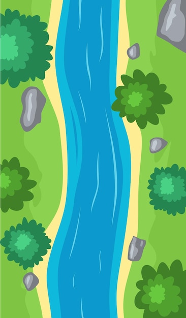 Vue de dessus de la rivière qui coule, lit de rivière courbe avec eau bleue, littoral avec pierres, arbres et herbe verte. Illustration d'une scène d'été avec écoulement de ruisseau avec rivage de sable. Illustration vectorielle.