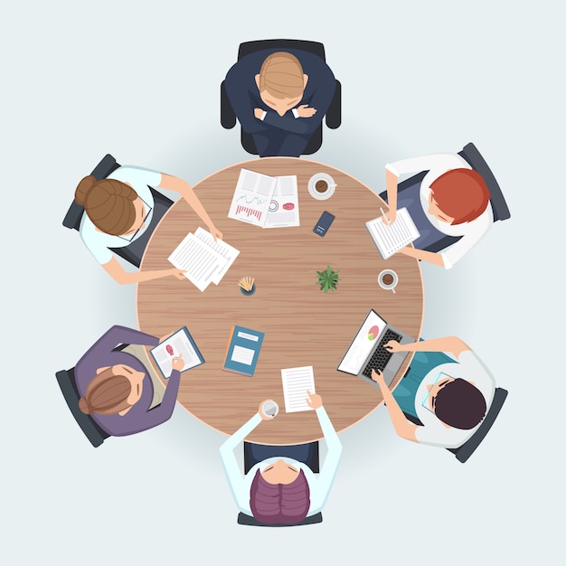 Vue de dessus de table ronde. Gens d'affaires assis réunion espace de travail d'entreprise brainstorming illustration de l'équipe de travail