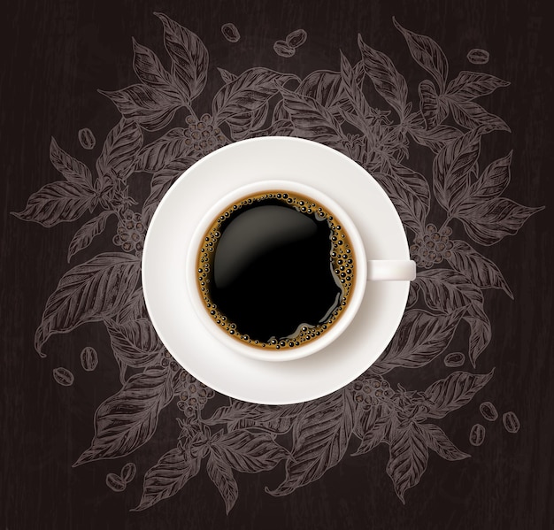 Vecteur vue de dessus de la tasse de café avec des branches de caféier croquis sur fond de tableau