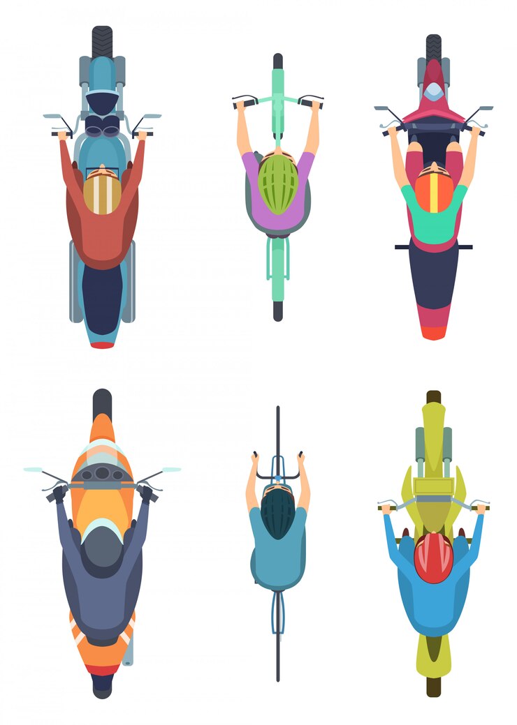 Vue de dessus de vélo. Cyclisme personnes motos trafic moto sur route collection de dessins animés