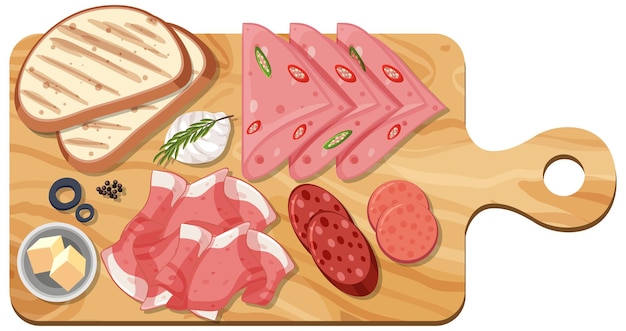 Vecteur vue de dessus de la viande en tranches sur une planche à découper