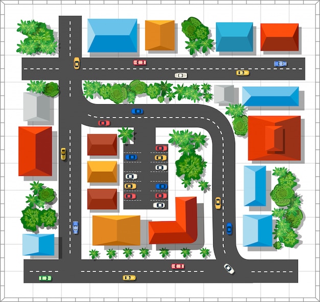 Vue De Dessus De La Ville. Rue Urbaine Avec Maisons Et Arbres