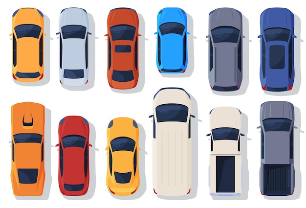 Vue de dessus de la voiture Différents types et couleurs de voitures Moyens de transport routiers