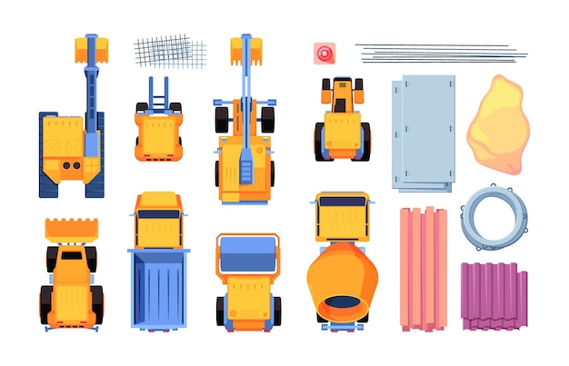 Vue De Dessus De Voitures Lourdes Camions D'excavation Jaunes Pour Les Constructeurs De Véhicules Tracteurs Bulldozer Pour Les Bâtiments De Construction Excavateurs Images Vectorielles Criardes Ensemble Isolé Dans Un Style De Dessin Animé