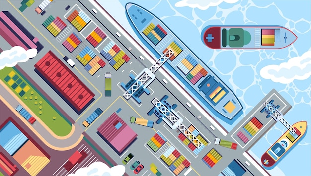 Vue du ciel des ports maritimes avec de nombreuses illustrations de cargos