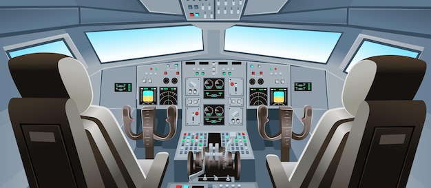 Vue du cockpit de l'avion avec commandes du tableau de bord des boutons du panneau et fauteuil du pilote Cabine des pilotes d'avion