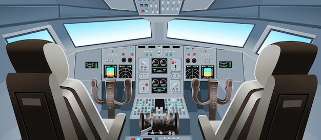 Vecteur vue du cockpit de l'avion avec commandes du tableau de bord des boutons du panneau et fauteuil du pilote cabine des pilotes d'avion