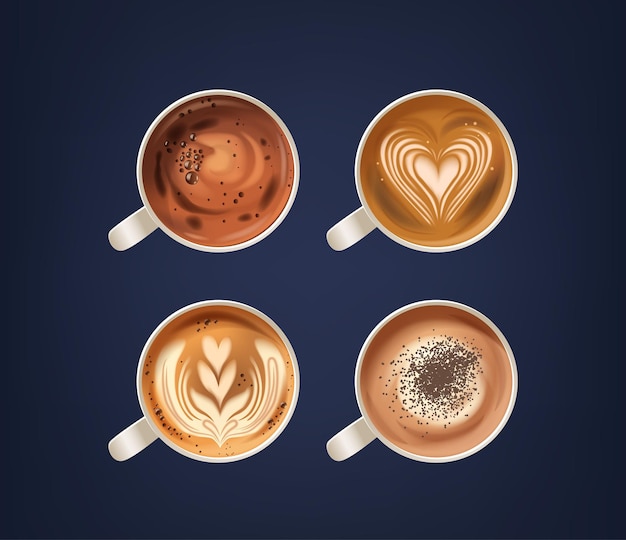 Vue du haut des tasses de café montre des motifs de mousse complexes comme des cœurs tourbillonnants des feuilles délicates