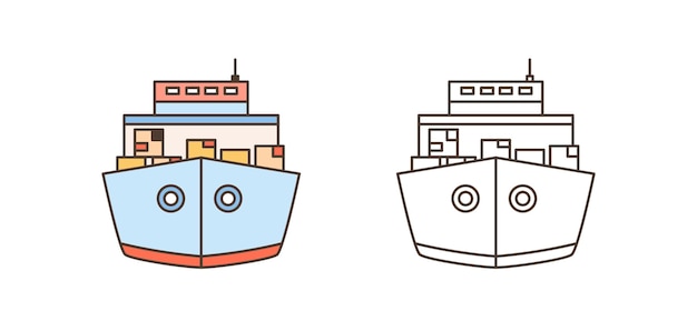 Vecteur vue de face colorée et monochrome des cargos icon set illustration vectorielle dans le style d'art en ligne. navires de fret transportant des marchandises ou des conteneurs isolés sur blanc. livraison maritime internationale.