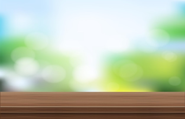 Vecteur vue de face de table en bois vide avec flou de jardin le matin