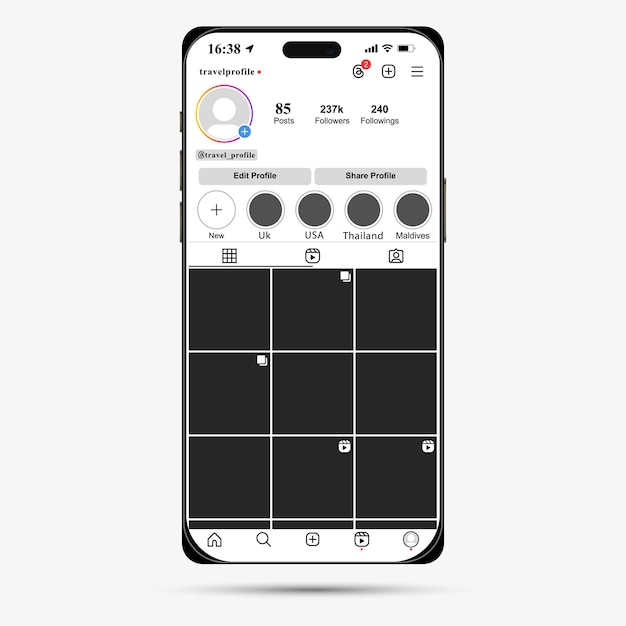 Vue frontale réaliste de l'iPhone 15 Pro Max en moquette en titane naturel avec un vecteur d'écran de modèle Instagram