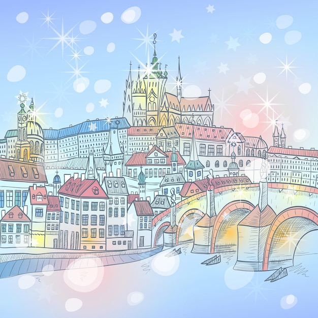 Vue Hivernale Pittoresque Du Paysage De Prague De Noël Avec Le Château De Prague Et Le Pont Charles