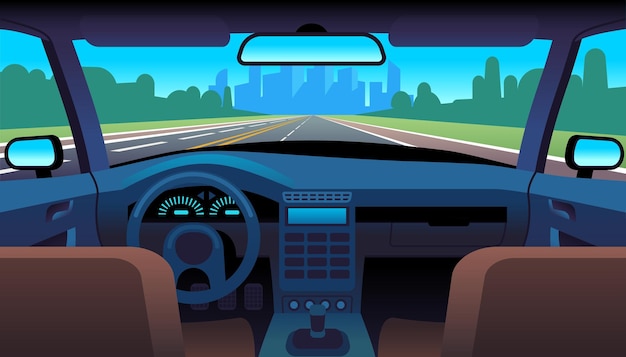 Vue de l'intérieur de la voiture avec le volant, le tableau de bord de l'automobile, le volant et le compteur de vitesse, l'autoroute dans le pare-brise, l'intérieur du véhicule, la vue arrière, le concept de vecteur isolé de style carré.