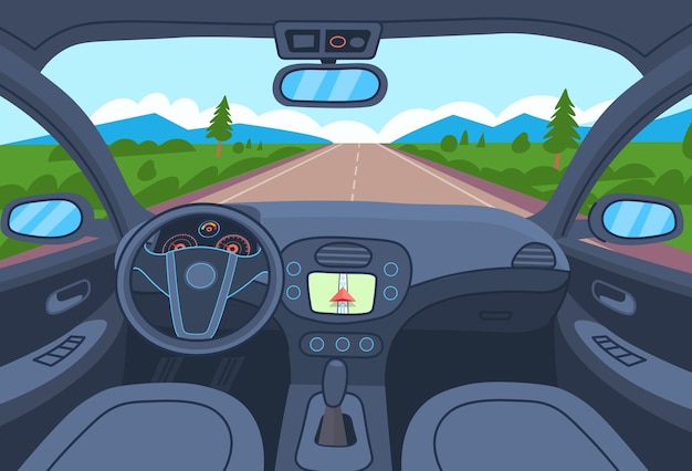 Vue intérieure de la voiture à l'intérieur de la voiture avec tableau de bord du volant et illustration de la route dans un style plat