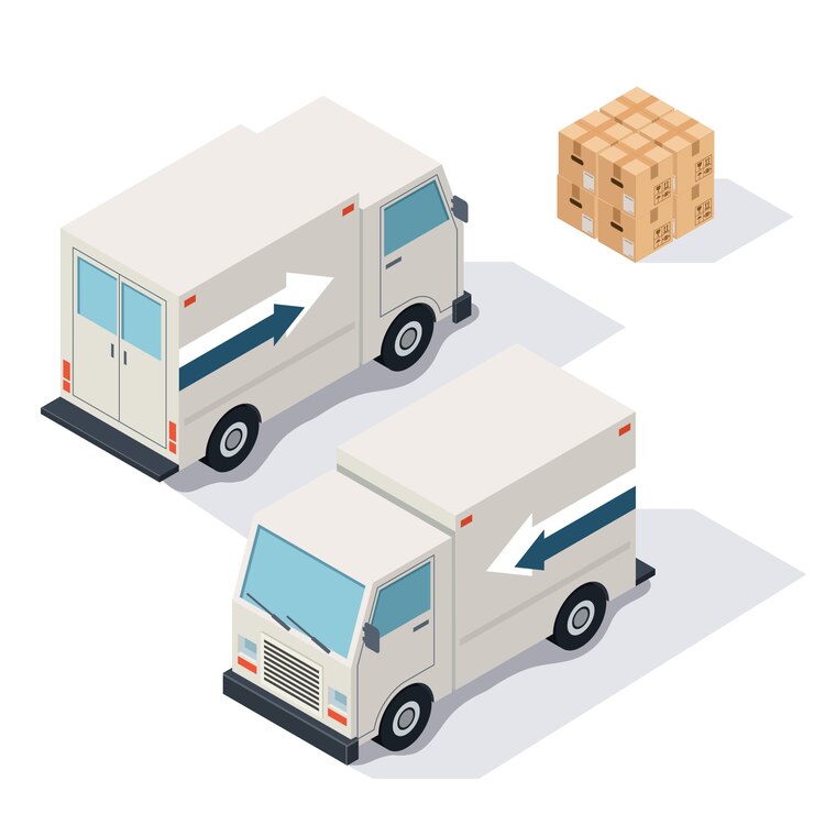 Vue isométrique des camionnettes de livraison