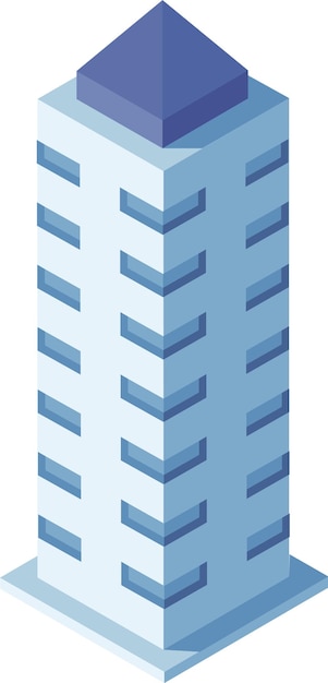 Vue isométrique simple d'un immeuble de bureaux avec un toit en pyramide bleue et des fenêtres idéales pour les paysages urbains et les environnements urbains