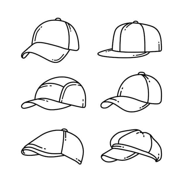 Vecteur vue latérale du jeu d'illustrations vectorielles de doodle de différentes casquettes